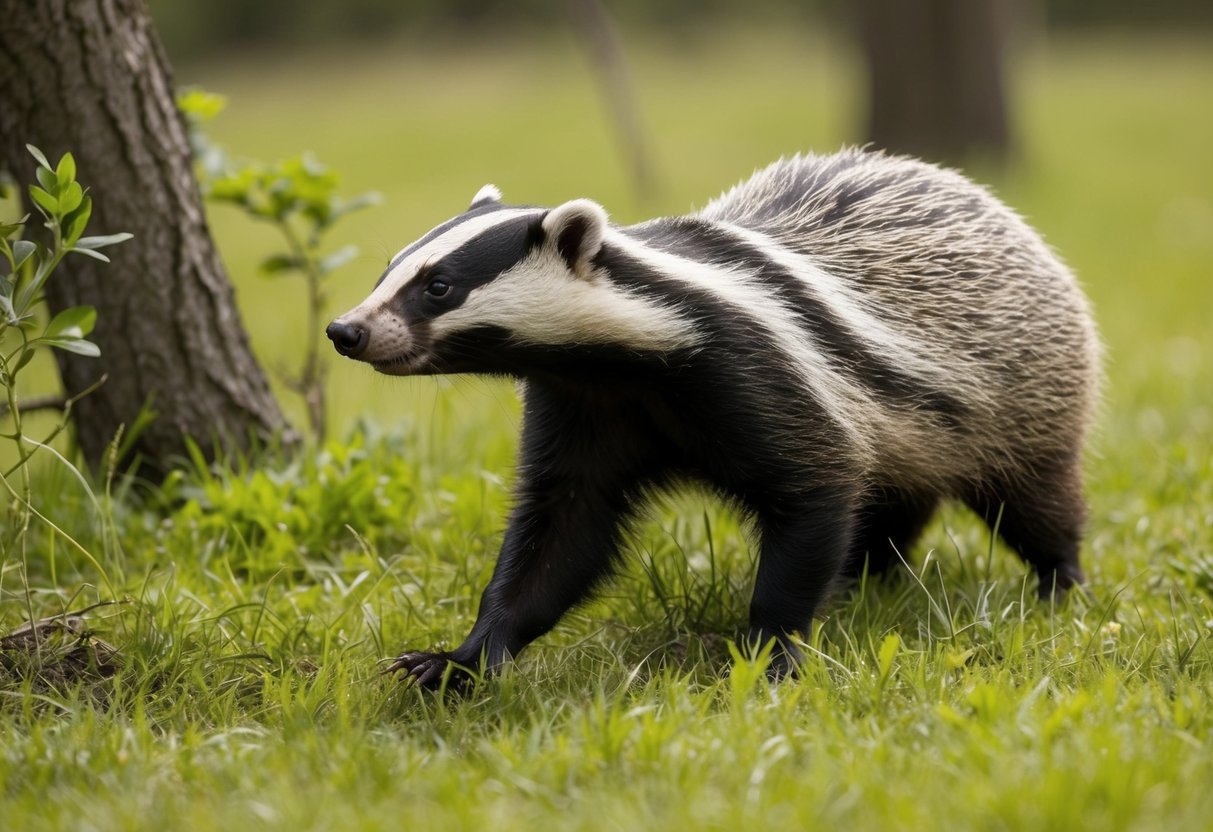 A badger emerges from its burrow in a grassy field, surrounded by trees and bushes. It sniffs the air and begins to forage for food, moving through the underbrush