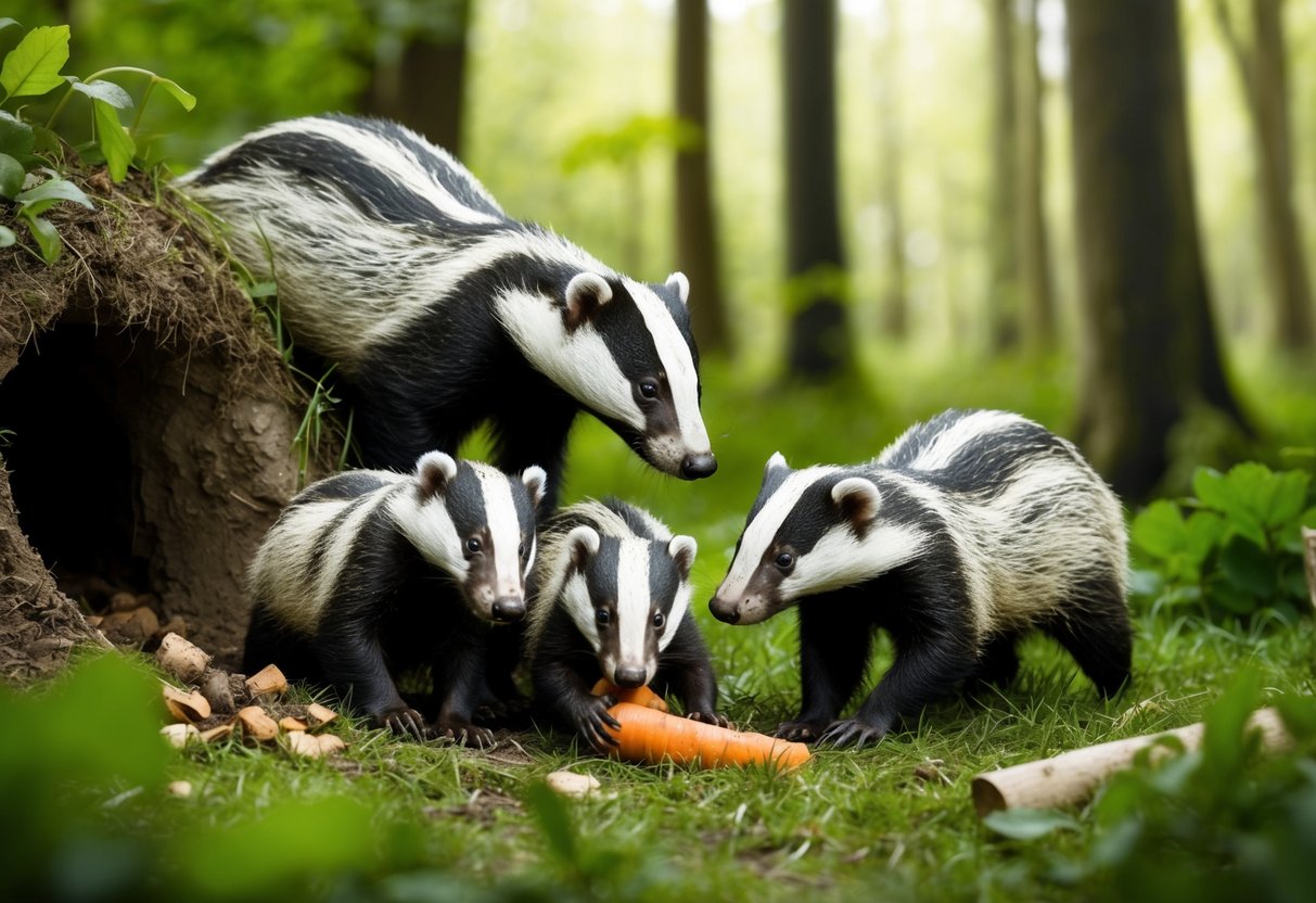 A badger family emerges from their underground burrow, foraging for food in a lush forest clearing. The young badgers play while the adults hunt and explore