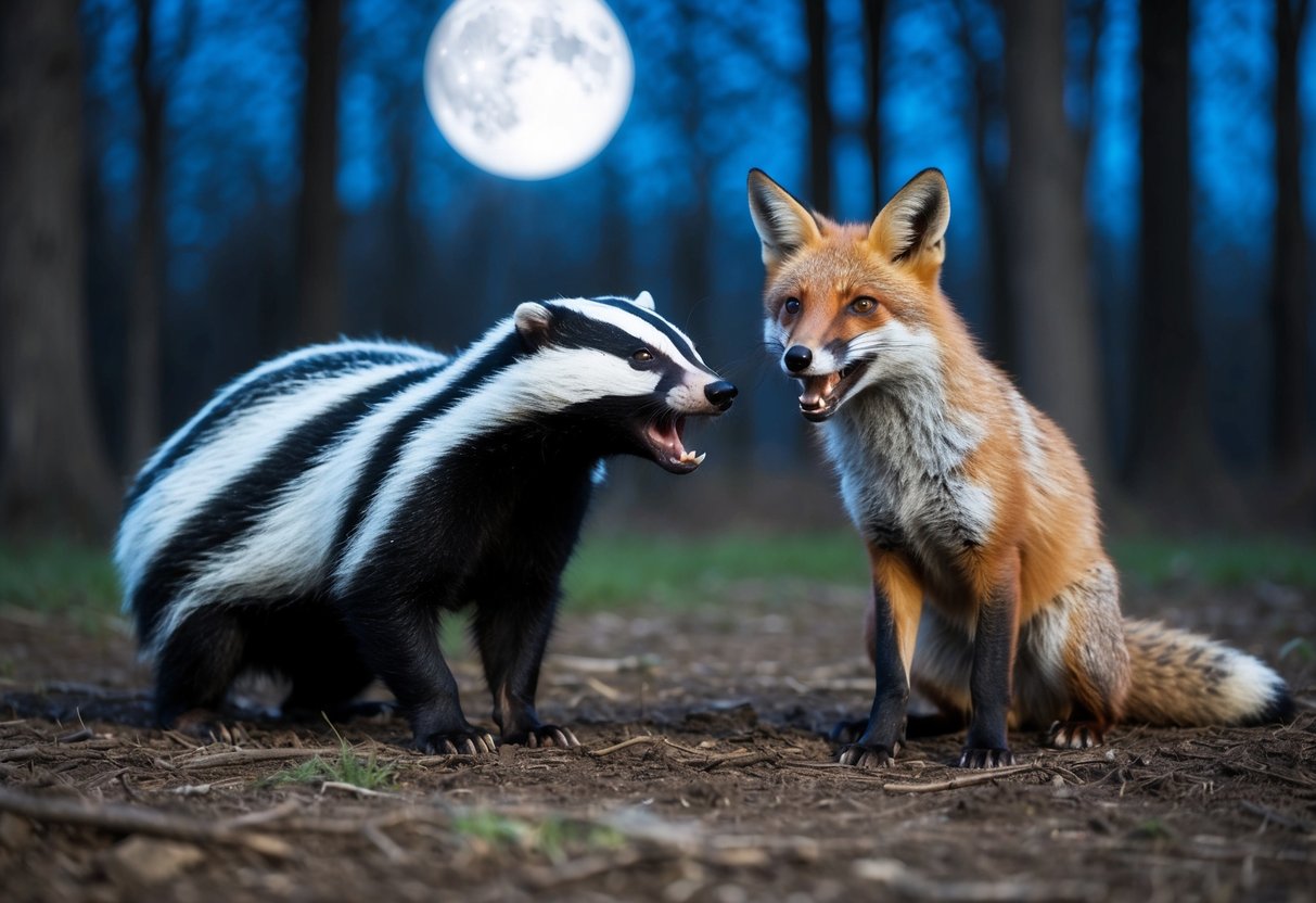 A badger and a fox face off in a moonlit forest clearing. The badger snarls and the fox bares its teeth, both ready to defend their territory