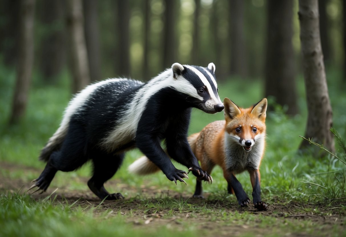 A badger chases a fox through a dense forest, its sharp claws and powerful legs propelling it forward in pursuit of its prey