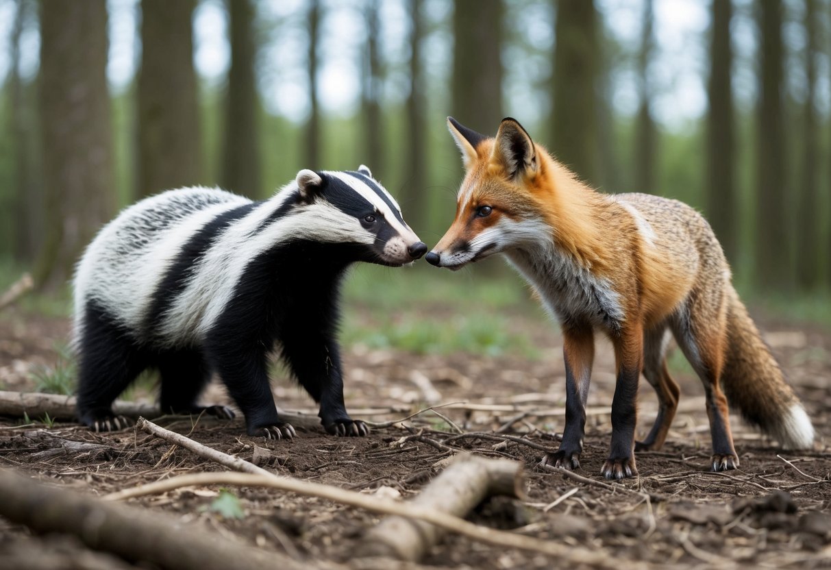 A badger and a fox face off in a forest clearing, surrounded by evidence of human impact on the environment