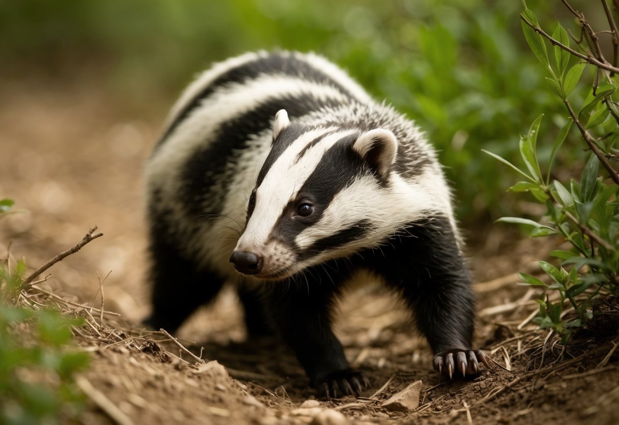 A badger emerges from its burrow, sniffing the air cautiously before lumbering off into the underbrush