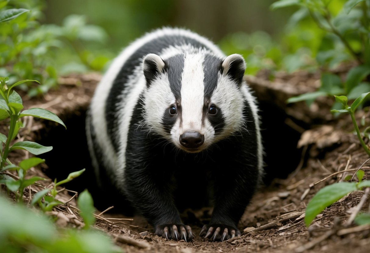 A badger emerges from its burrow in a wooded area, its distinctive black and white striped face standing out against the green foliage