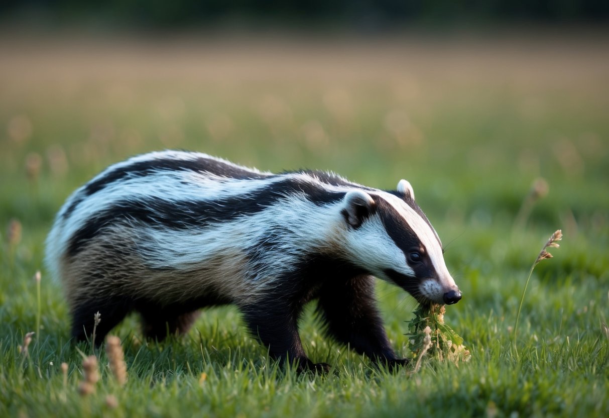 A badger foraging for food in a grassy field at dusk
