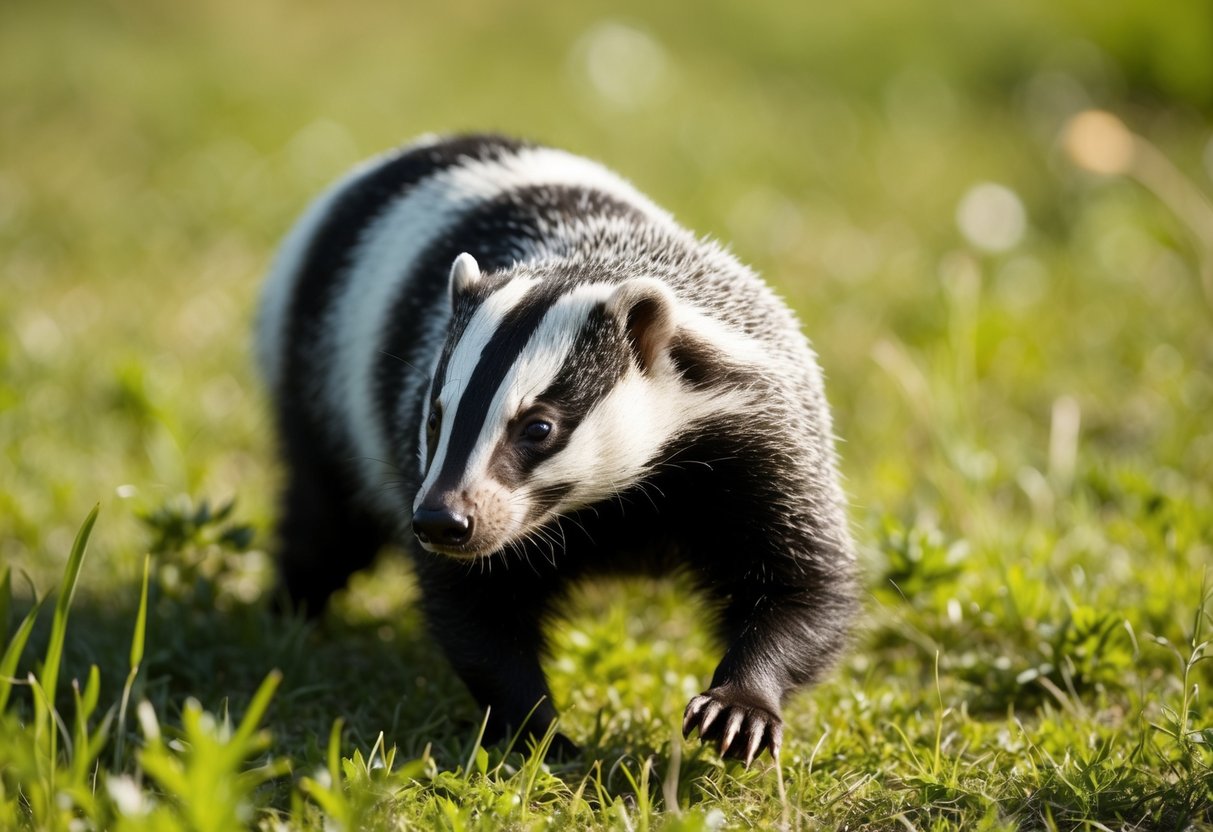 A badger emerges from its burrow, sniffing the air before lumbering through the grassy meadow, its distinctive black and white stripes catching the sunlight