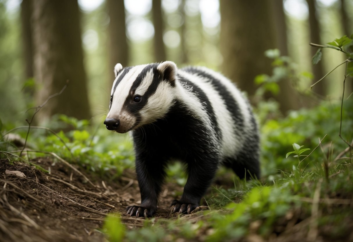 A badger emerges from a dense forest, sniffing the air with curiosity as it cautiously explores its surroundings