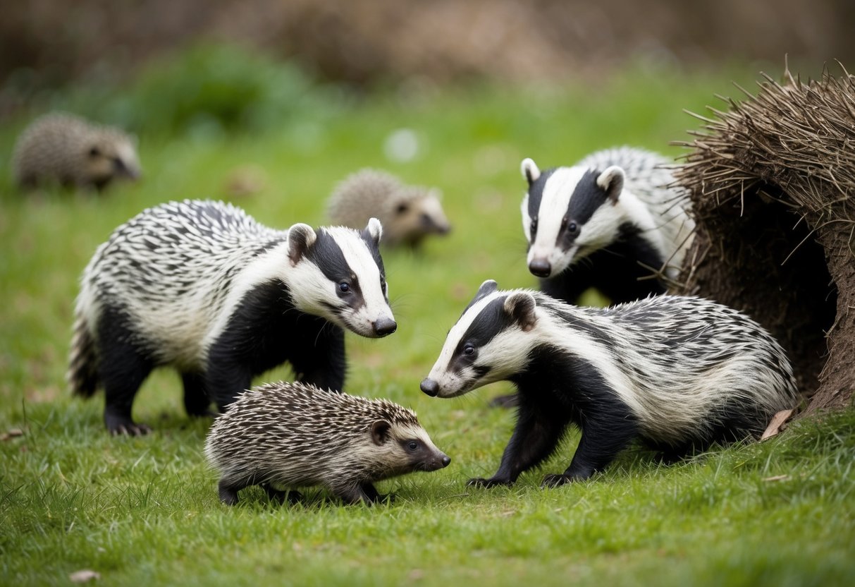A family of badgers foraging near a hedgehog burrow, with the hedgehogs looking distressed and outnumbered