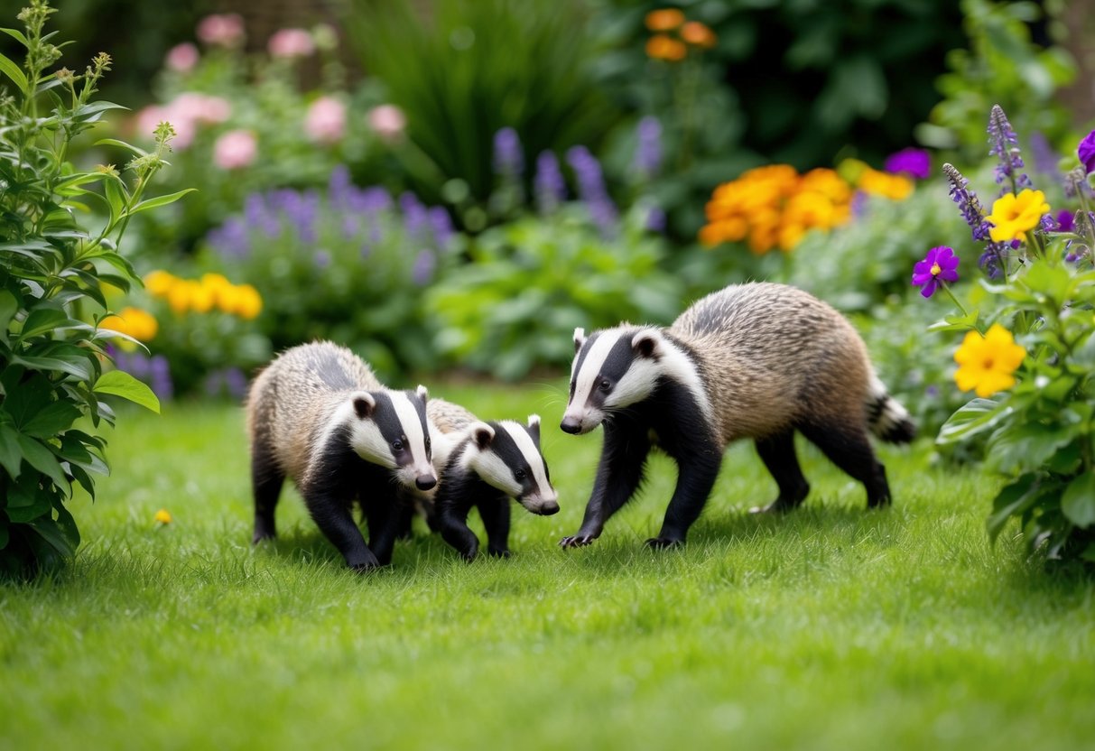 A garden with lush greenery and colorful flowers, where a family of badgers playfully roam and forage
