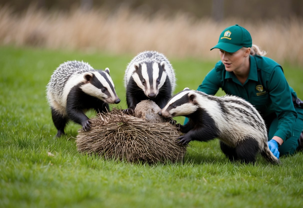 A group of badgers raiding a hedgehog nest, while conservationists try to intervene