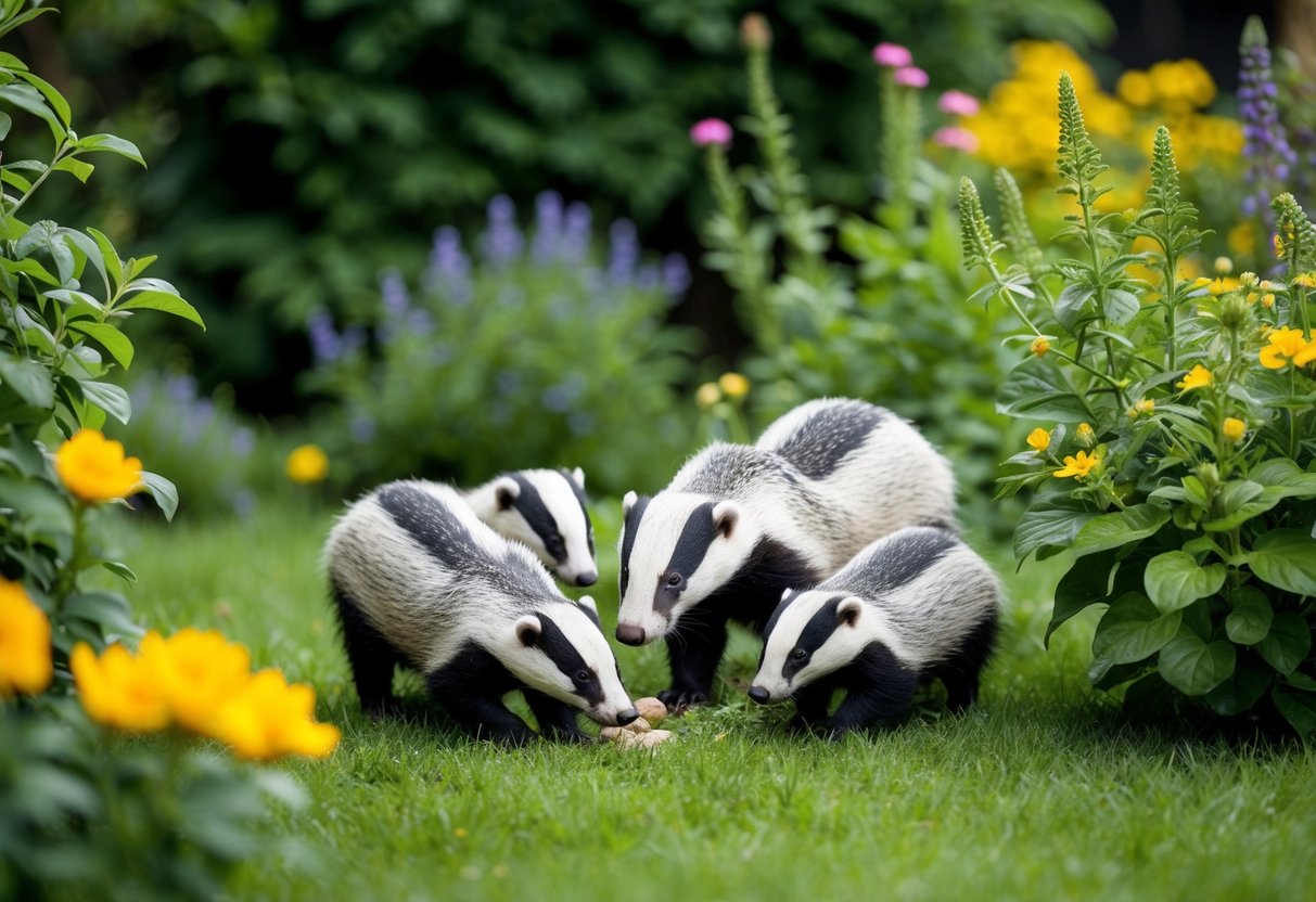 A garden with lush greenery and flowers, a family of badgers foraging for food and interacting with other wildlife