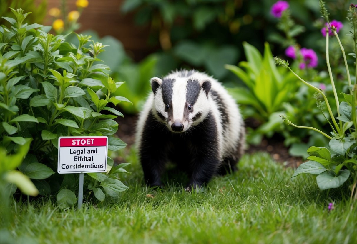 A garden with a badger den surrounded by lush greenery and a sign with legal and ethical considerations