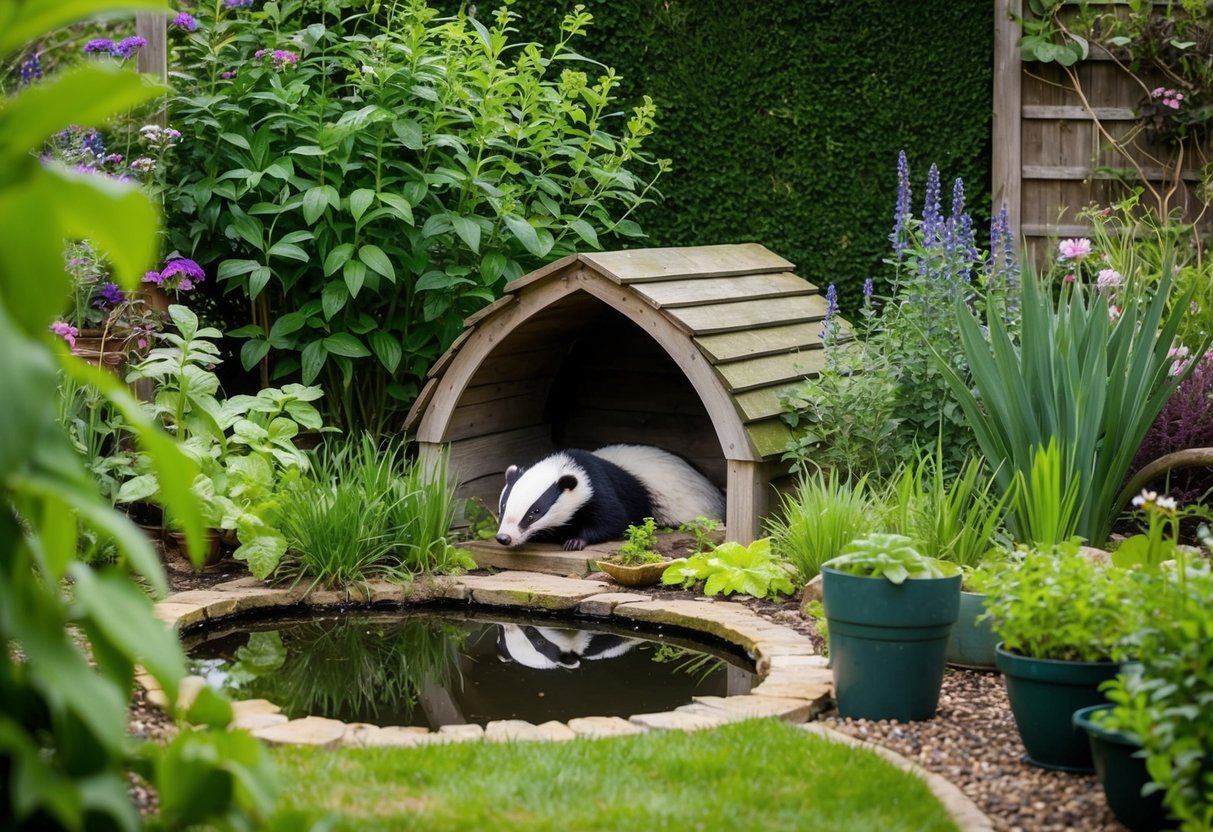 A garden with a variety of plants, a small pond, and a cozy shelter for badgers nestled in a secluded corner