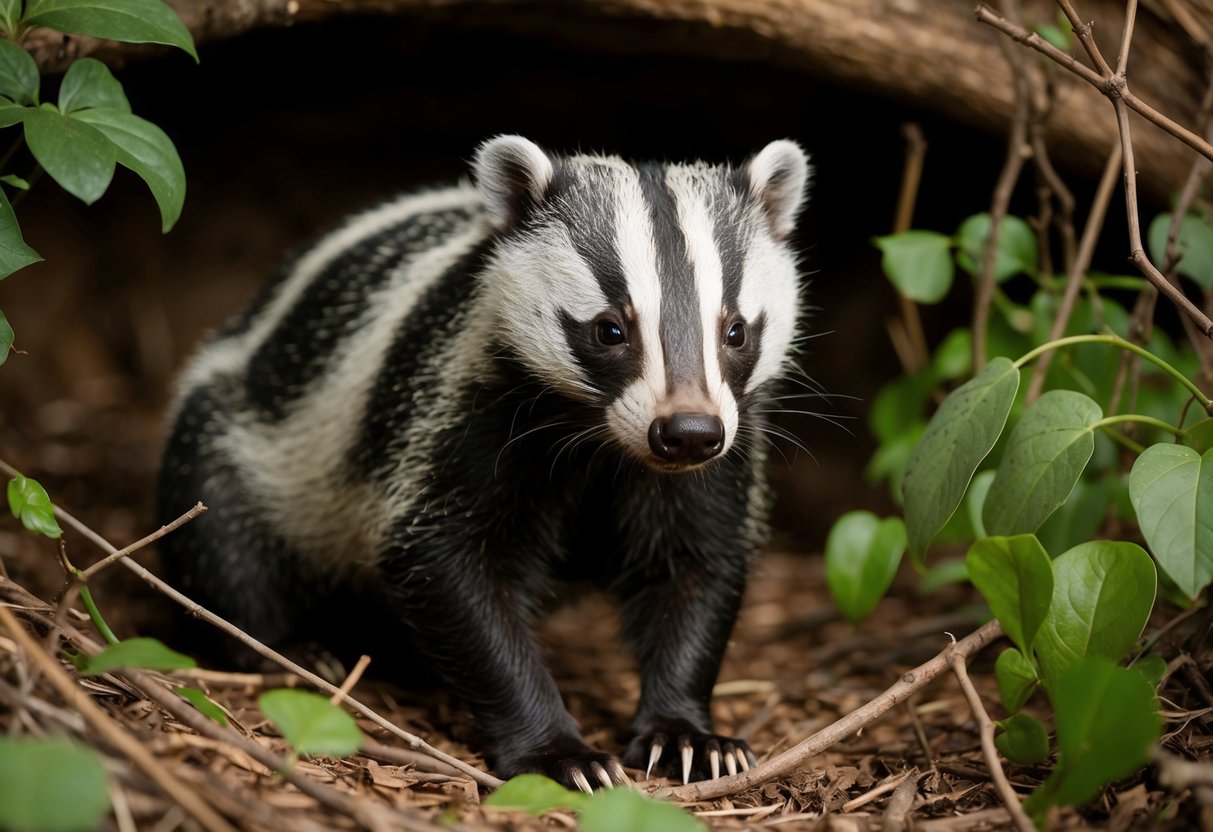 A badger sits in a cozy den, surrounded by leafy green plants and twigs. The badger's fur is a mix of black, white, and grey, and its sharp claws are visible as it sniffs the air