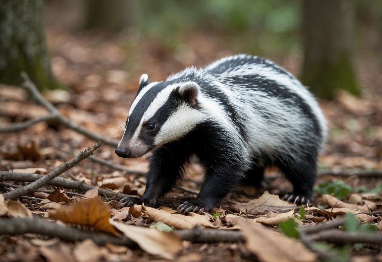A badger foraging in a woodland clearing, surrounded by fallen leaves and twigs, with its distinctive black and white striped face