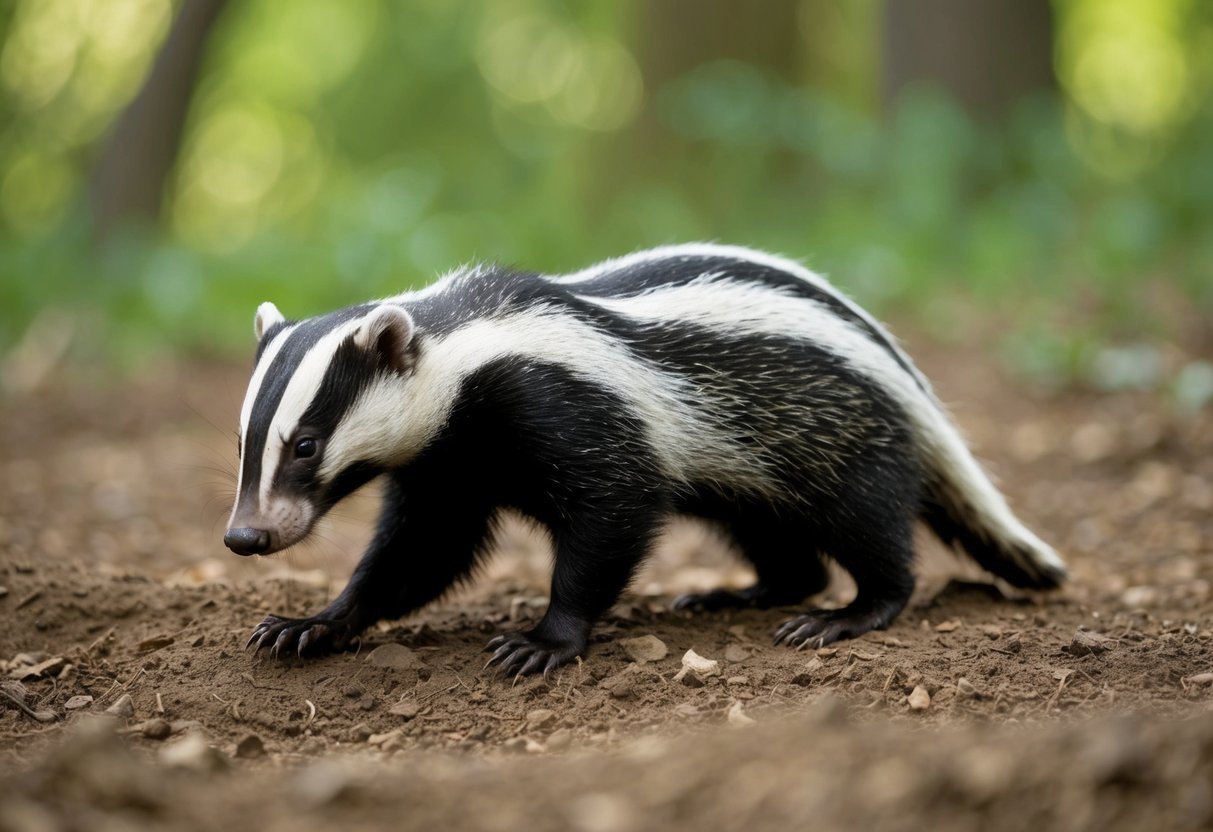 A badger snuffling through the earth, its body tense and alert, in a forest clearing