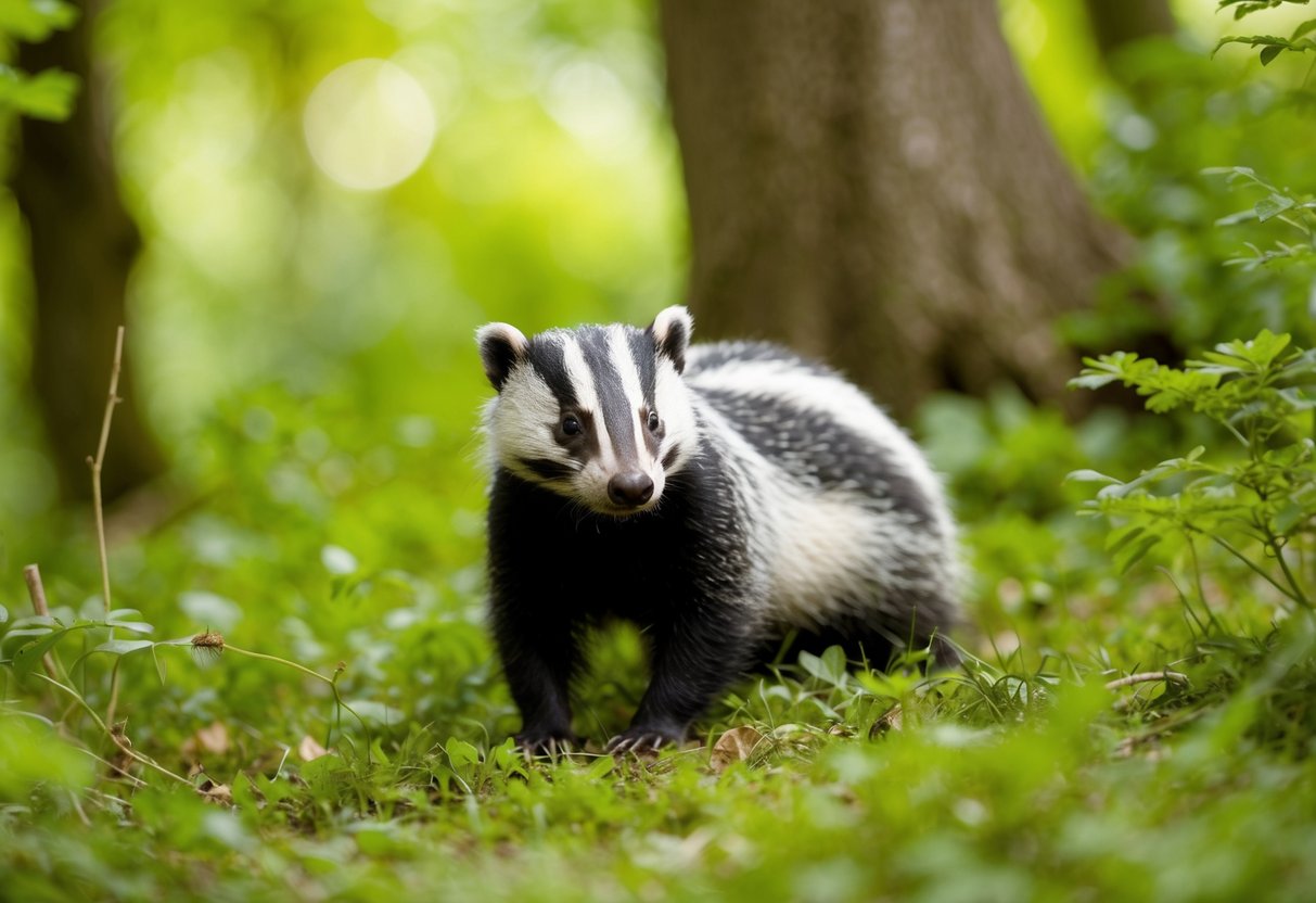 A badger peacefully foraging in a lush, green woodland in the UK