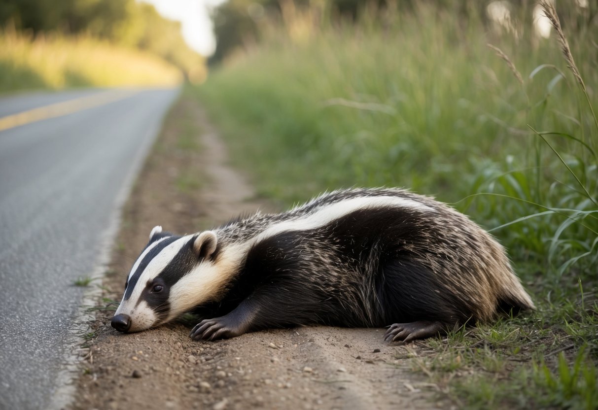 A dead badger lies on the side of a dirt road, surrounded by tall grass and trees. The animal's fur is matted and its limbs are limp