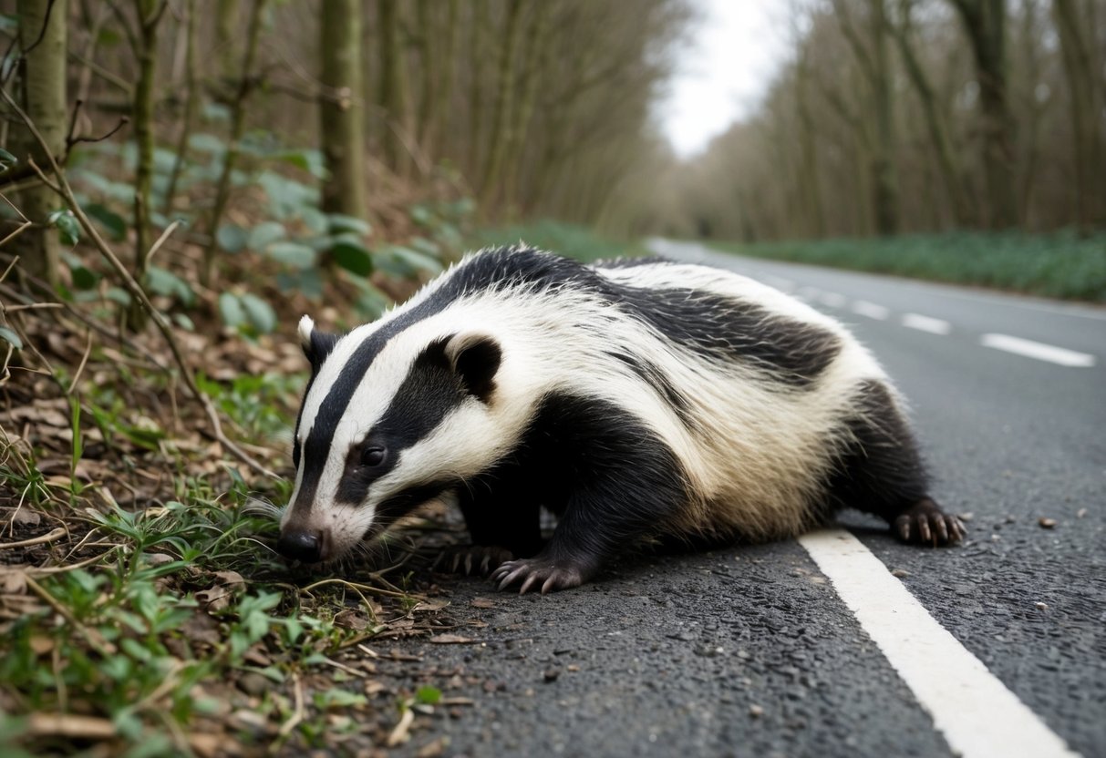 A dead badger lies on the side of a country road, surrounded by dense woodland and undergrowth. The animal's distinctive black and white striped face is visible, and its body is still and lifeless