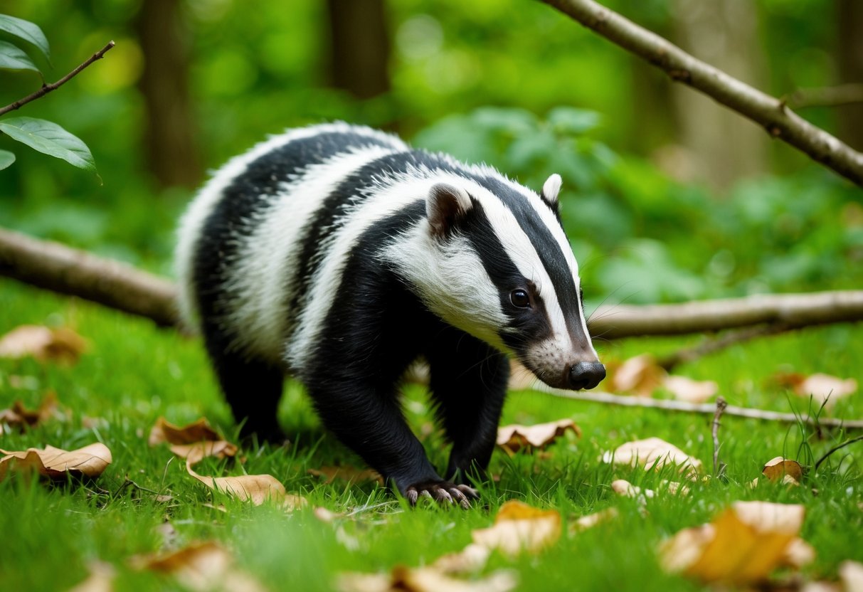 A badger walking through a lush green forest, foraging for food among the fallen leaves and branches