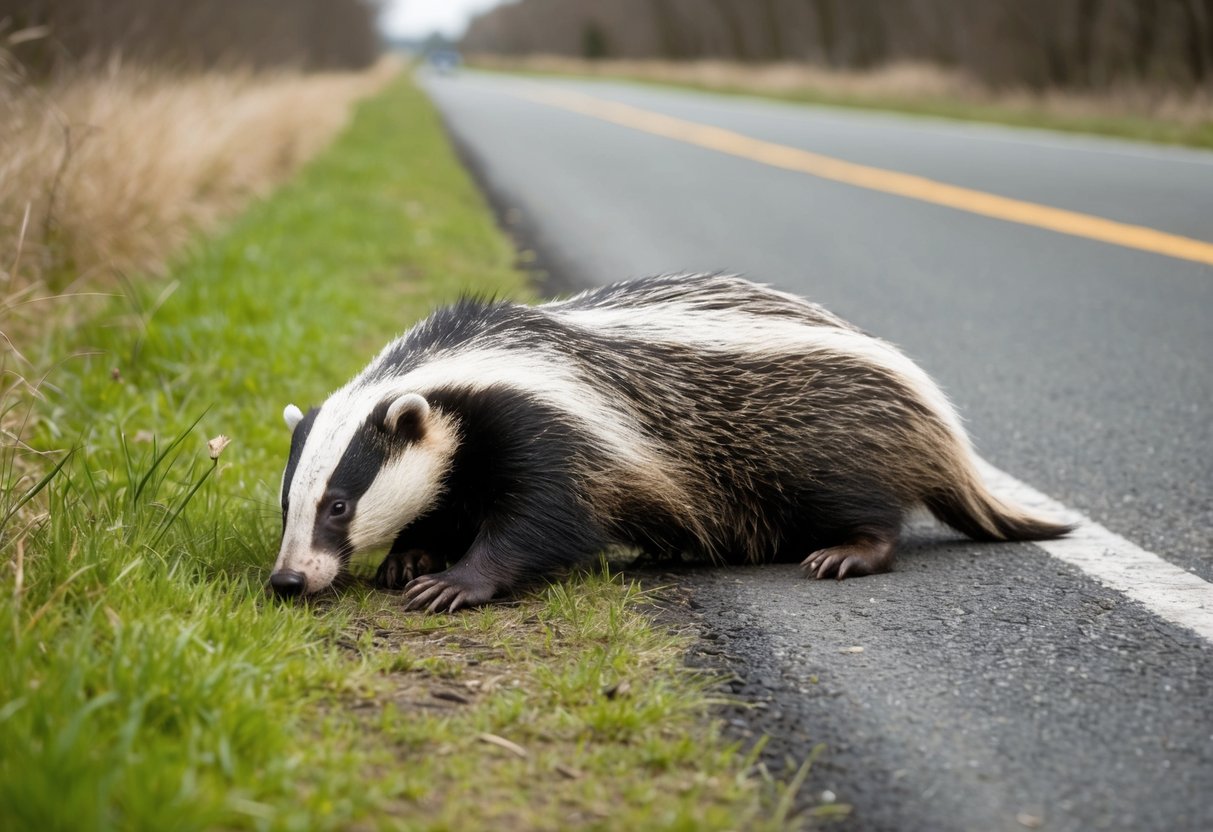 A dead badger lying on the side of a rural road, with surrounding grass and trees