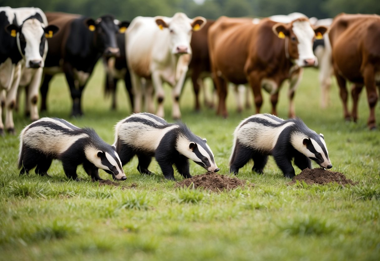 A group of badgers foraging in a pasture alongside a herd of cows