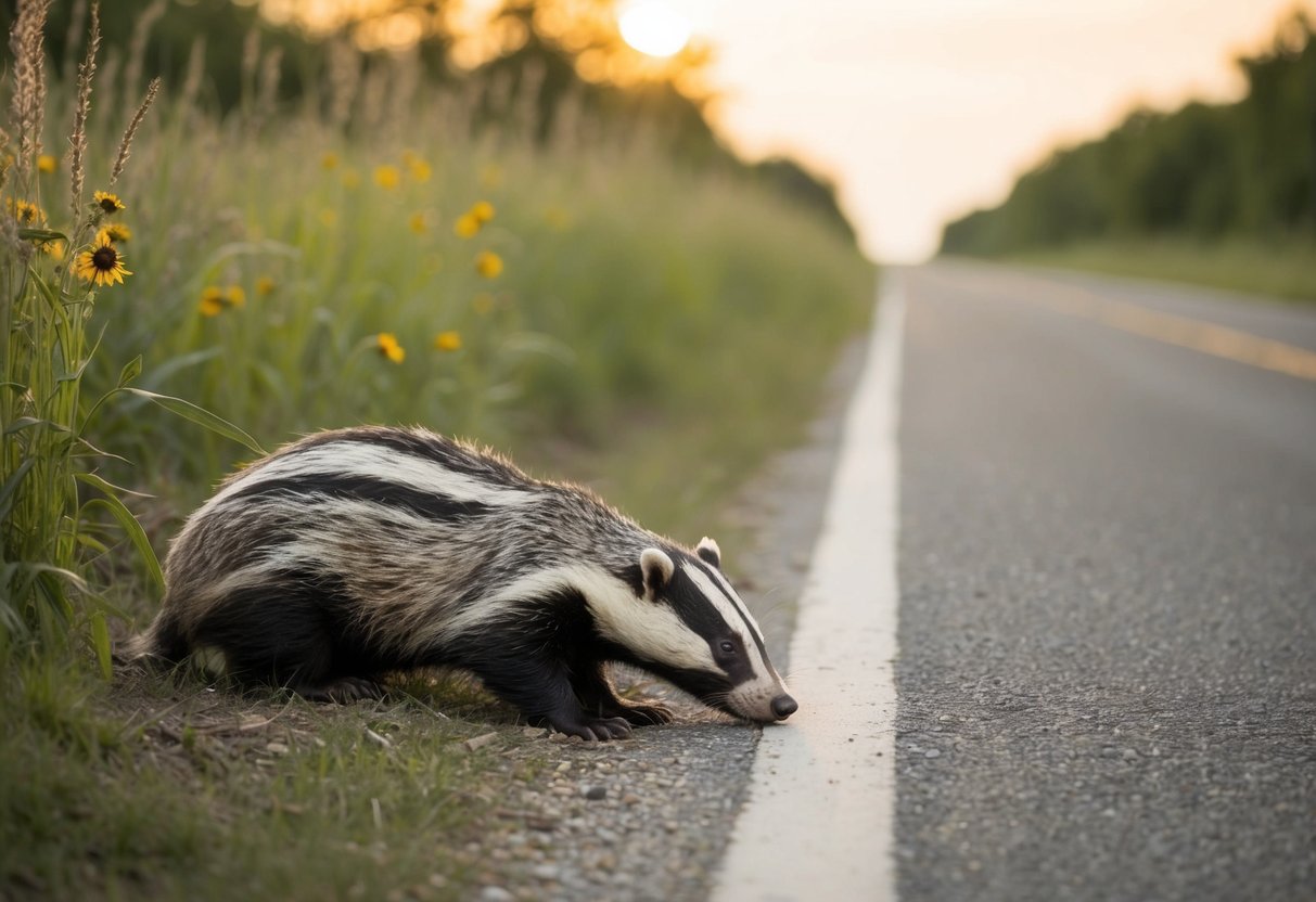 A dead badger lies on the side of a rural road, surrounded by tall grass and wildflowers. The sun is setting, casting a warm glow over the scene