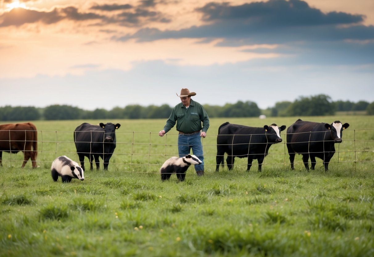 A farmer sets up a barrier around a pasture to prevent badgers from spreading bovine TB to his cattle