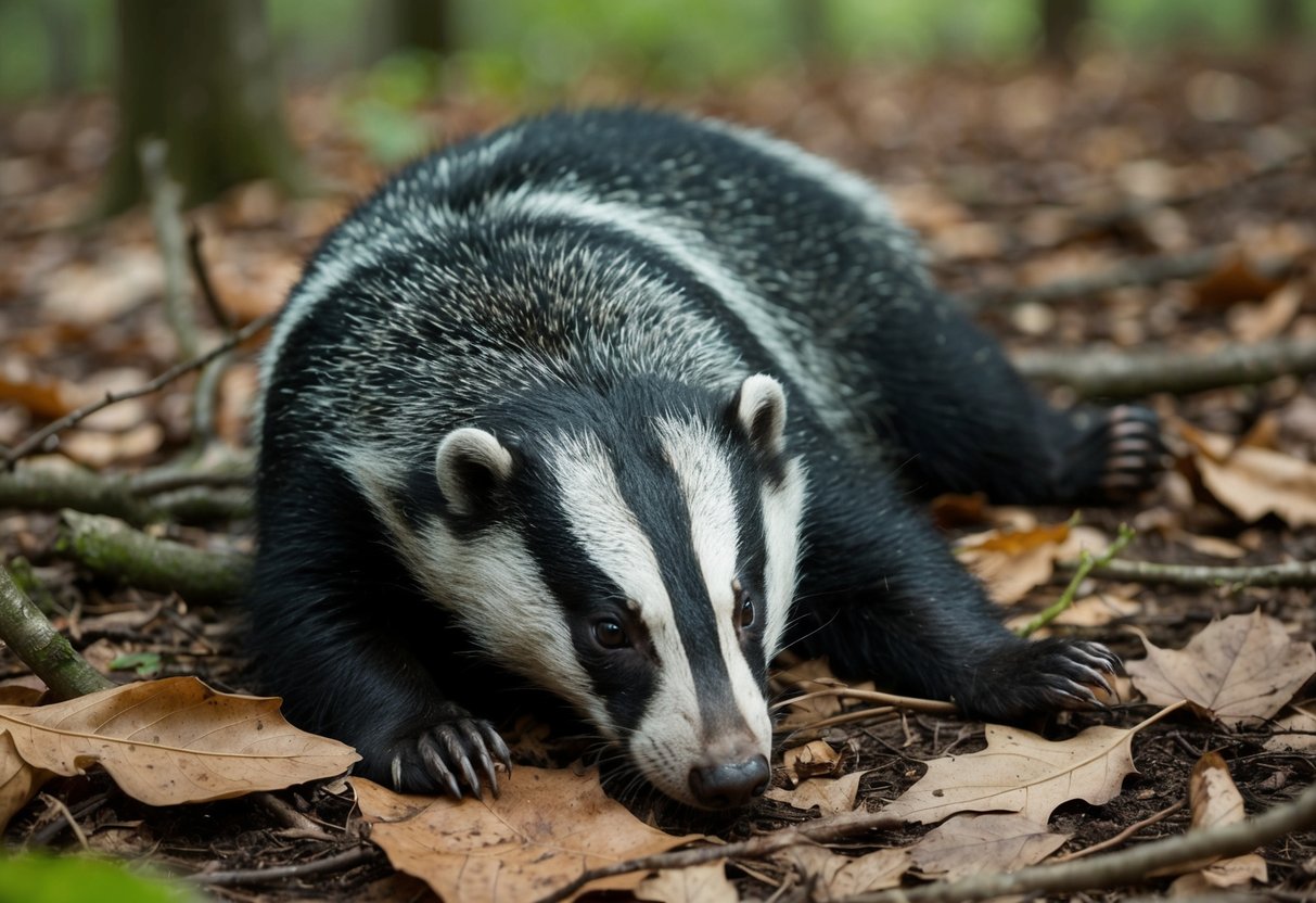 A dead badger lies on the forest floor, surrounded by fallen leaves and twigs. The animal's fur is matted and its body is still