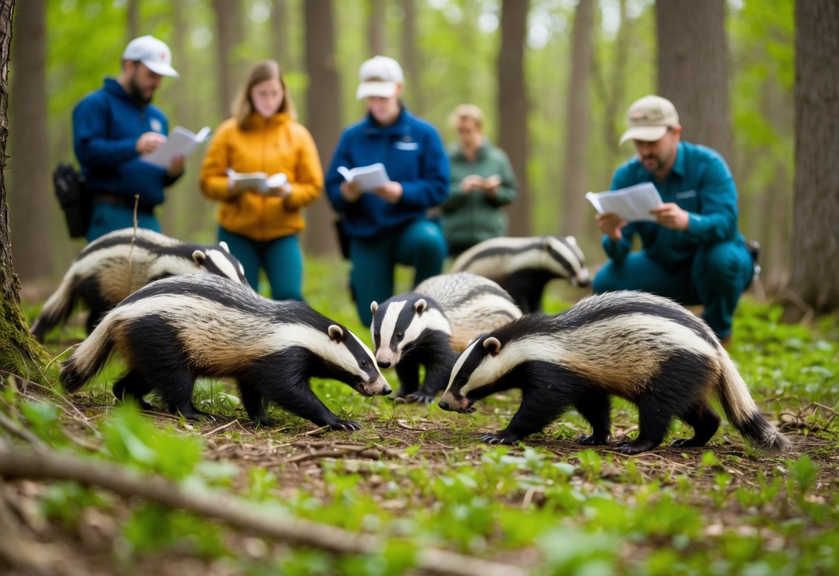 A group of badgers foraging in a forest, while researchers observe and take notes from a safe distance