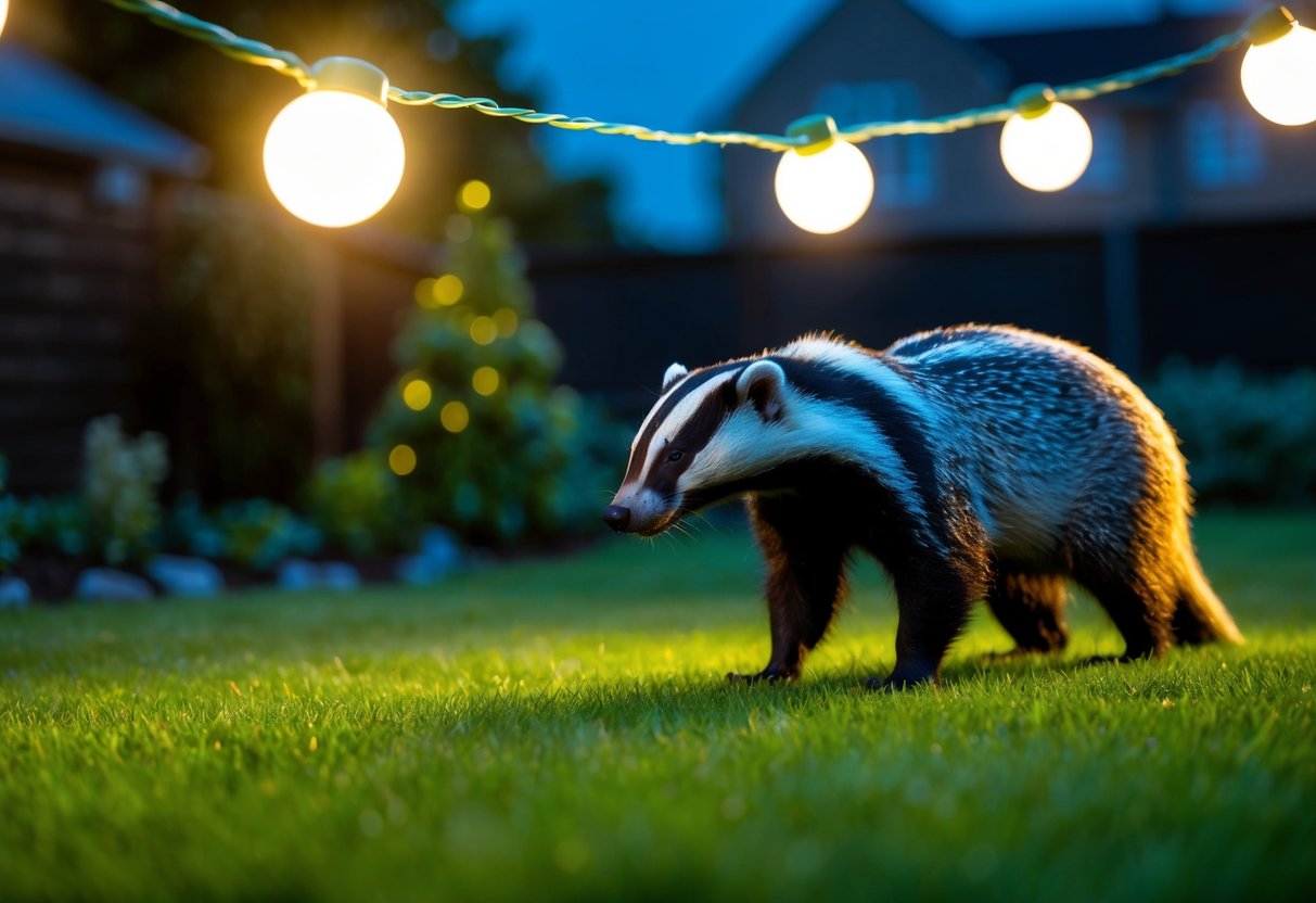 Garden lights shining on a nocturnal garden, with a curious badger cautiously approaching the illuminated area