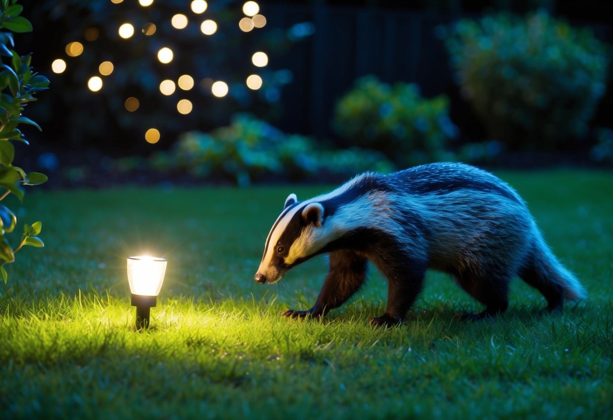A garden at night with dim lights shining on a patch of grass. A badger cautiously approaches, sniffing the air and looking around