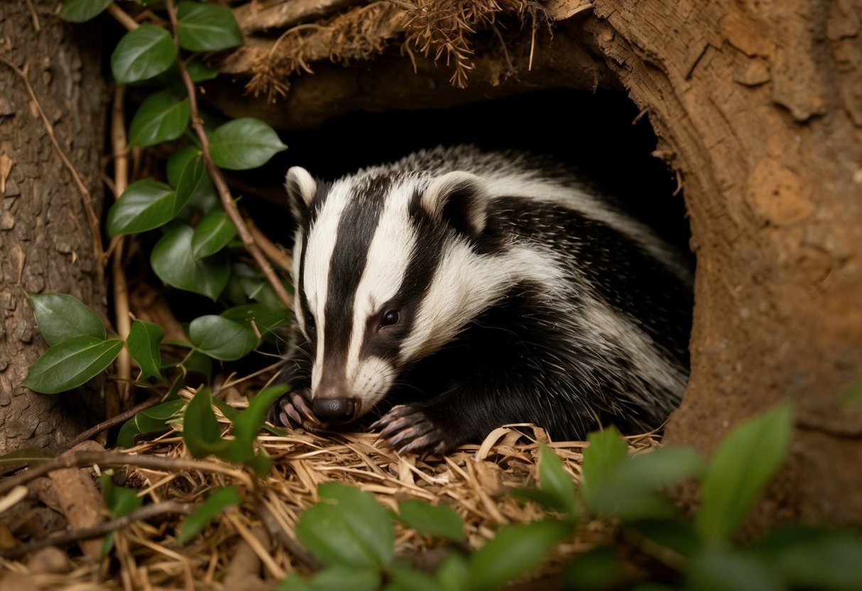 A badger snuggles in a cozy den, surrounded by forest foliage and earthy textures