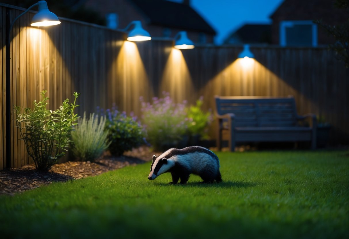 Garden lights shining on a nocturnal garden, casting shadows and illuminating the area, with a wary badger lingering at the edge