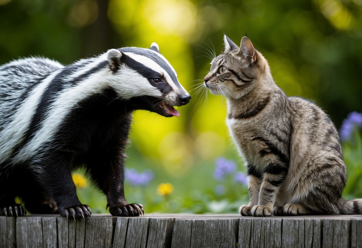 A badger and a cat face each other, the badger's coughing and the cat looks worried