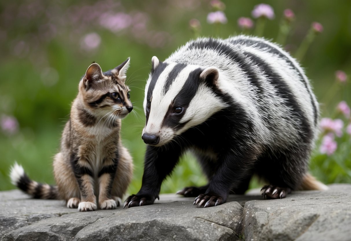 A badger and a cat in close proximity, with a focus on their interaction and potential transmission of tuberculosis