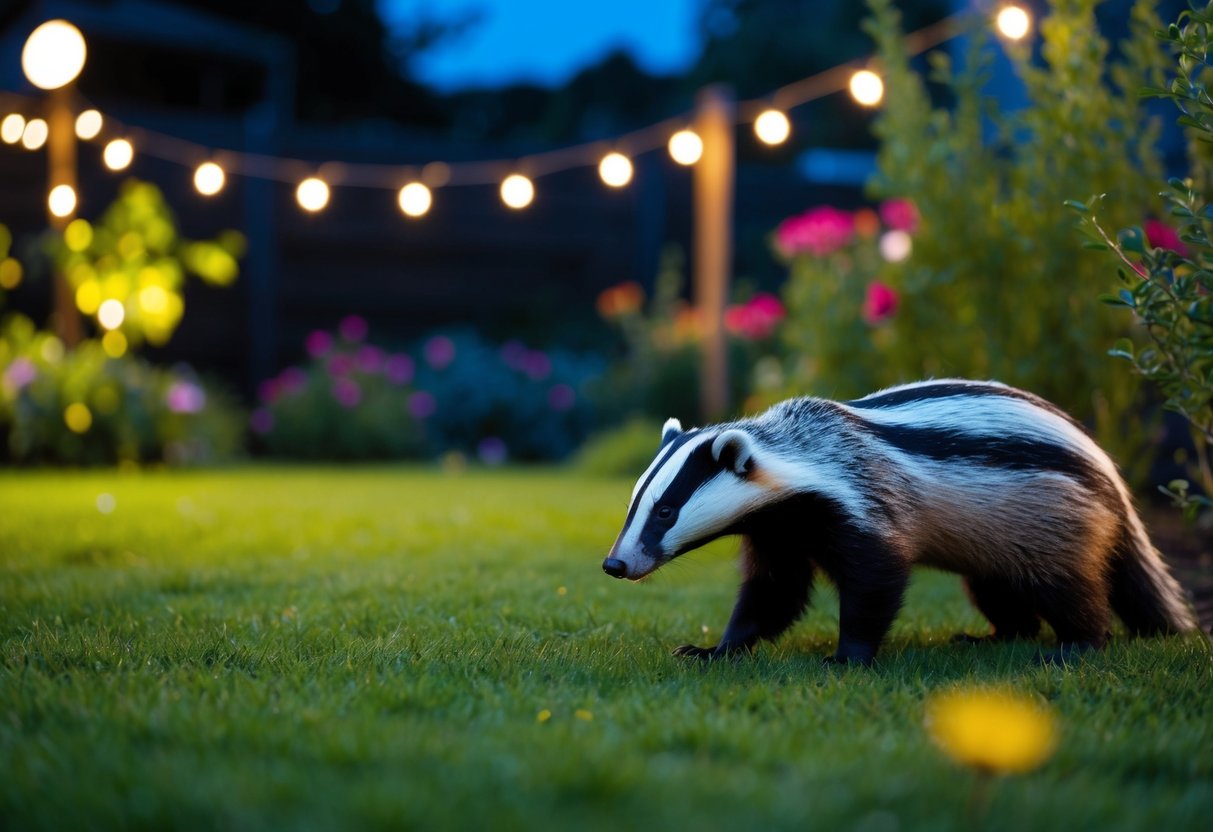 A garden at night with illuminated lights and a curious badger cautiously approaching the area
