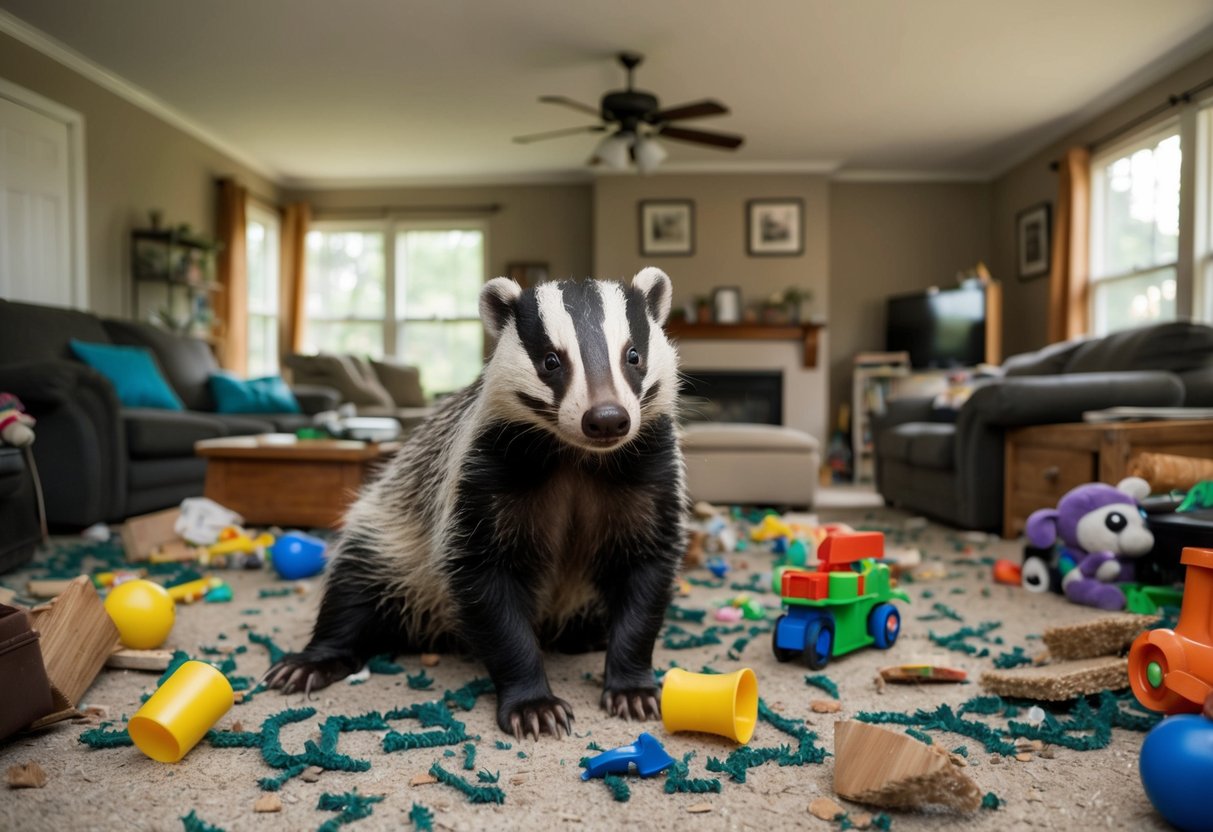 A badger sits in a large, cluttered living room, surrounded by torn furniture and scattered toys. Its owner struggles to keep up with the animal's destructive behavior