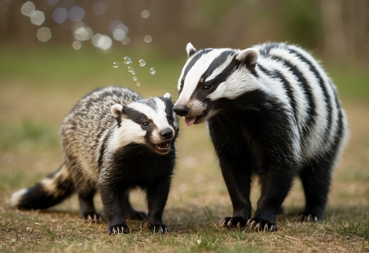 A badger and a cat standing in close proximity, with the badger coughing or sneezing near the cat
