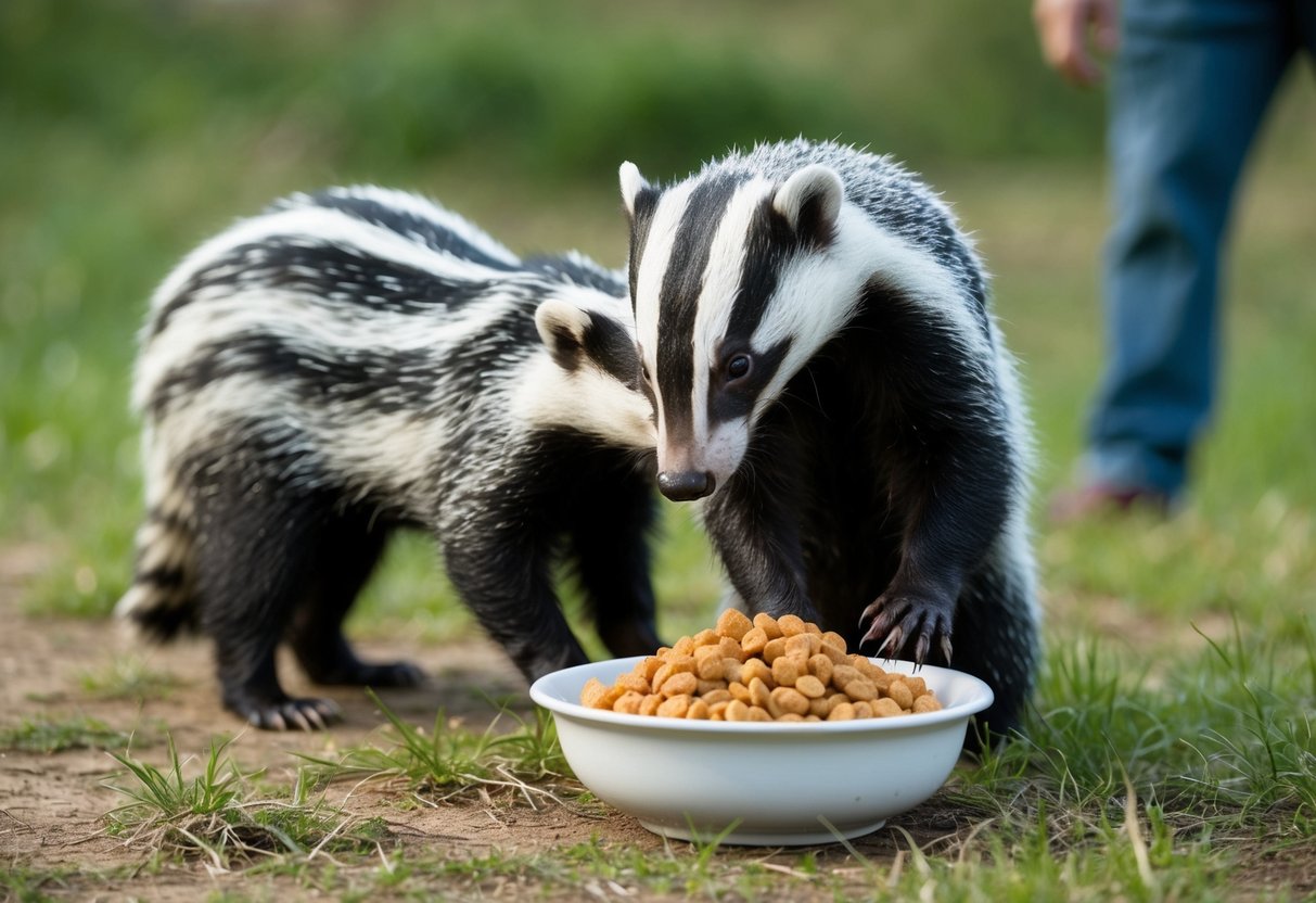 A badger sniffs at a bowl of food left out by a human, while the human watches from a distance, curious but cautious