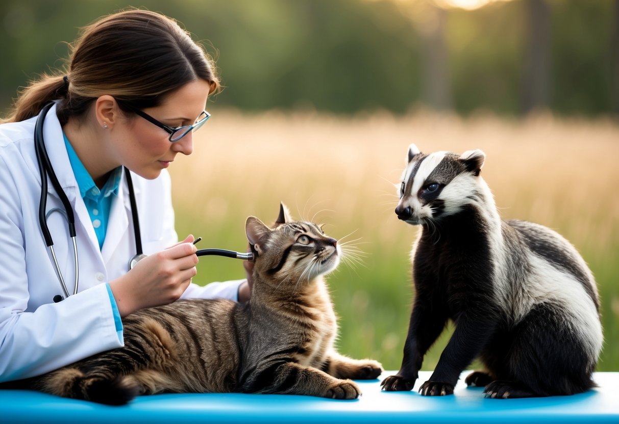 A veterinarian examines a cat's lungs with a stethoscope while a badger looks on from a distance, representing the question of whether badgers can transmit TB to cats