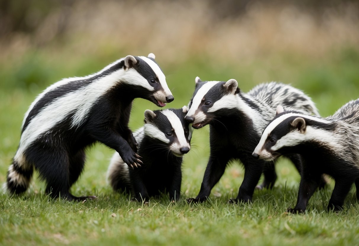 A group of badgers and cats in a natural setting, with a focus on their interaction and potential transmission of TB