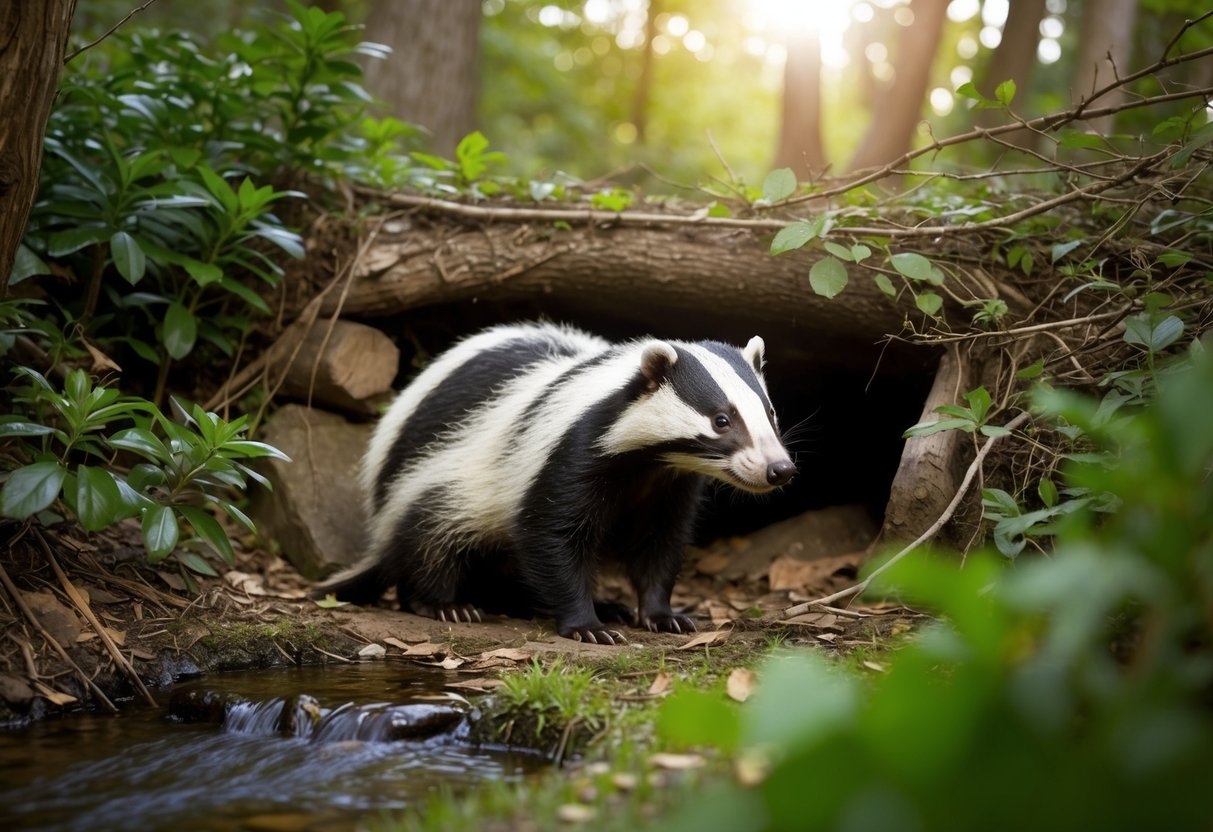 A badger sits in a cozy den surrounded by trees and bushes, with a stream flowing nearby. The sun shines through the leaves, creating dappled patterns on the forest floor