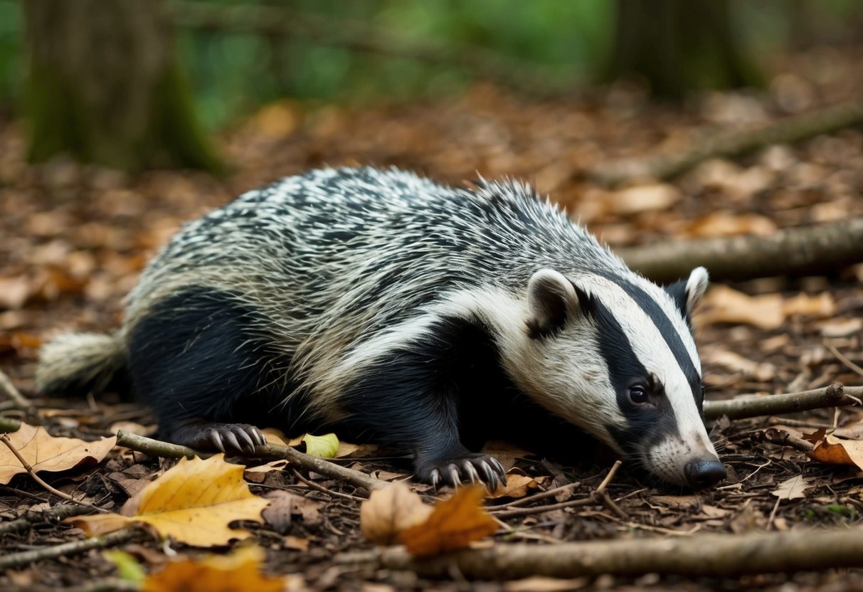 A dead badger lies on the forest floor, surrounded by fallen leaves and twigs. The animal's fur is matted and its body is still