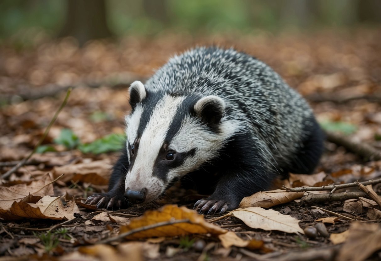 A dead badger lying on the forest floor, surrounded by fallen leaves and twigs, with its fur ruffled by the wind