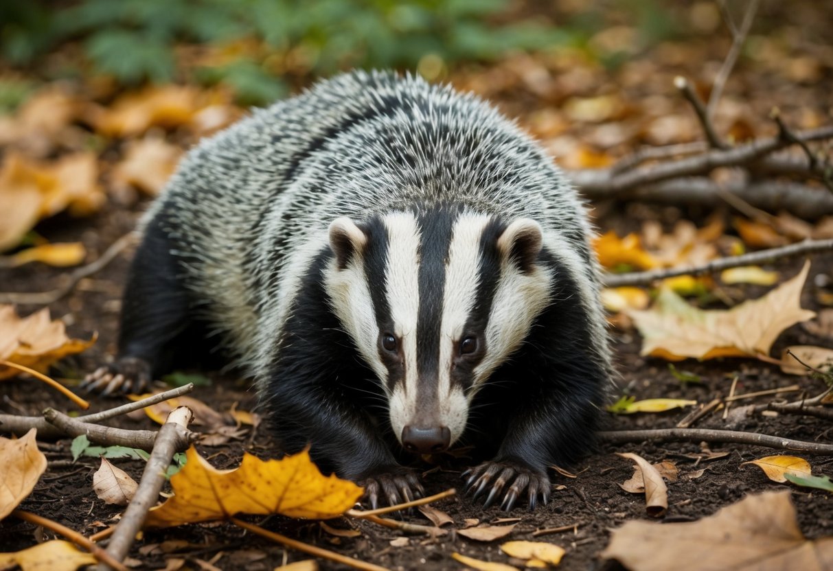 A dead badger lies on the ground, surrounded by fallen leaves and twigs. Its fur is matted and its body is still