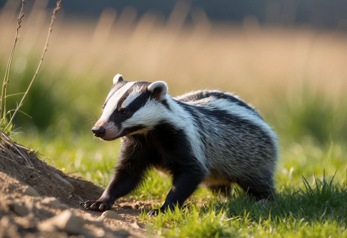 A badger emerges from its burrow, sniffing the air in the daylight