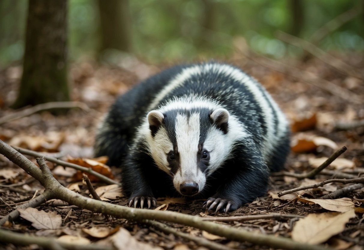 A badger lies motionless on the forest floor, surrounded by fallen leaves and twigs. Its fur is matted and its body appears lifeless