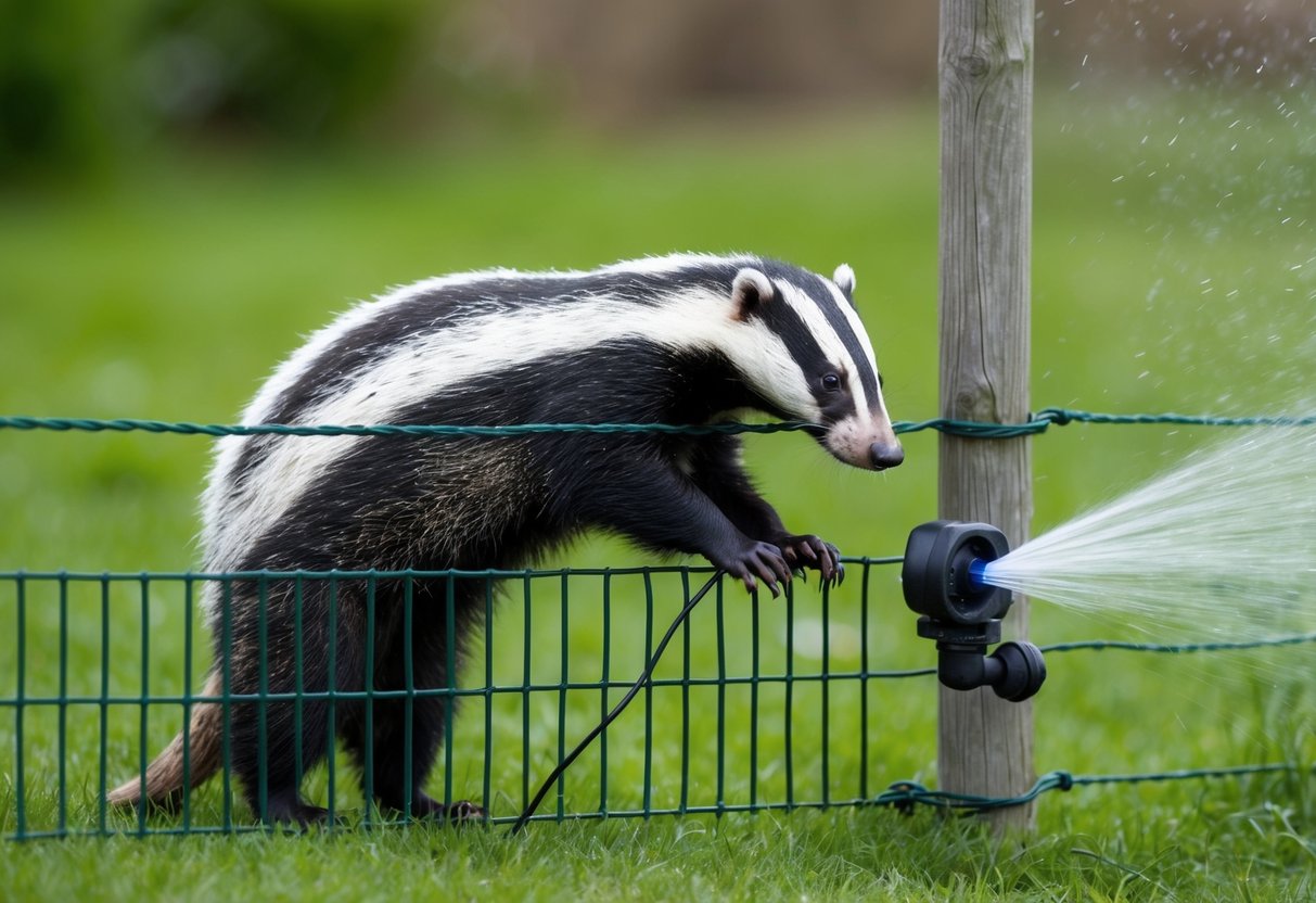 A badger unsuccessfully attempts to climb a 6ft fence, while a motion-activated sprinkler system deters it from the other side