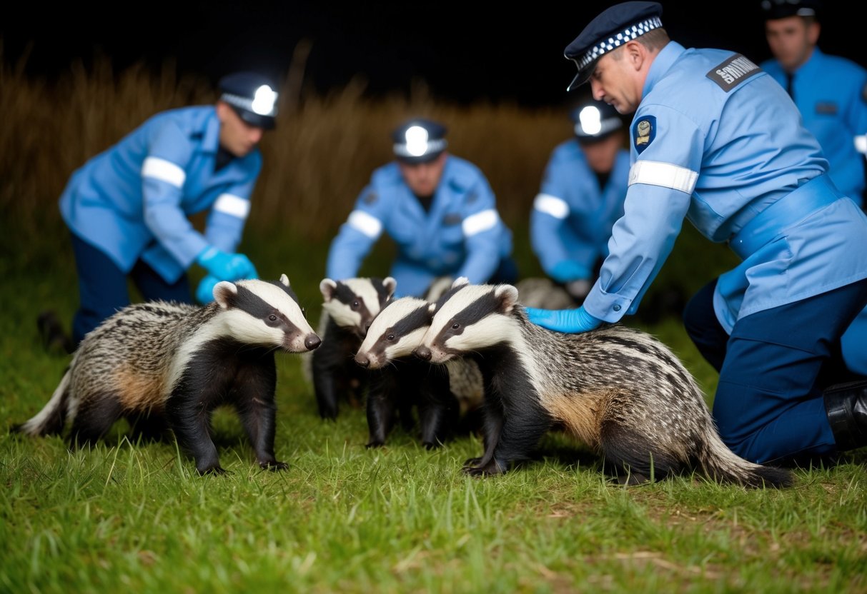 A group of badgers being trapped and euthanized by English officials in a rural setting at night