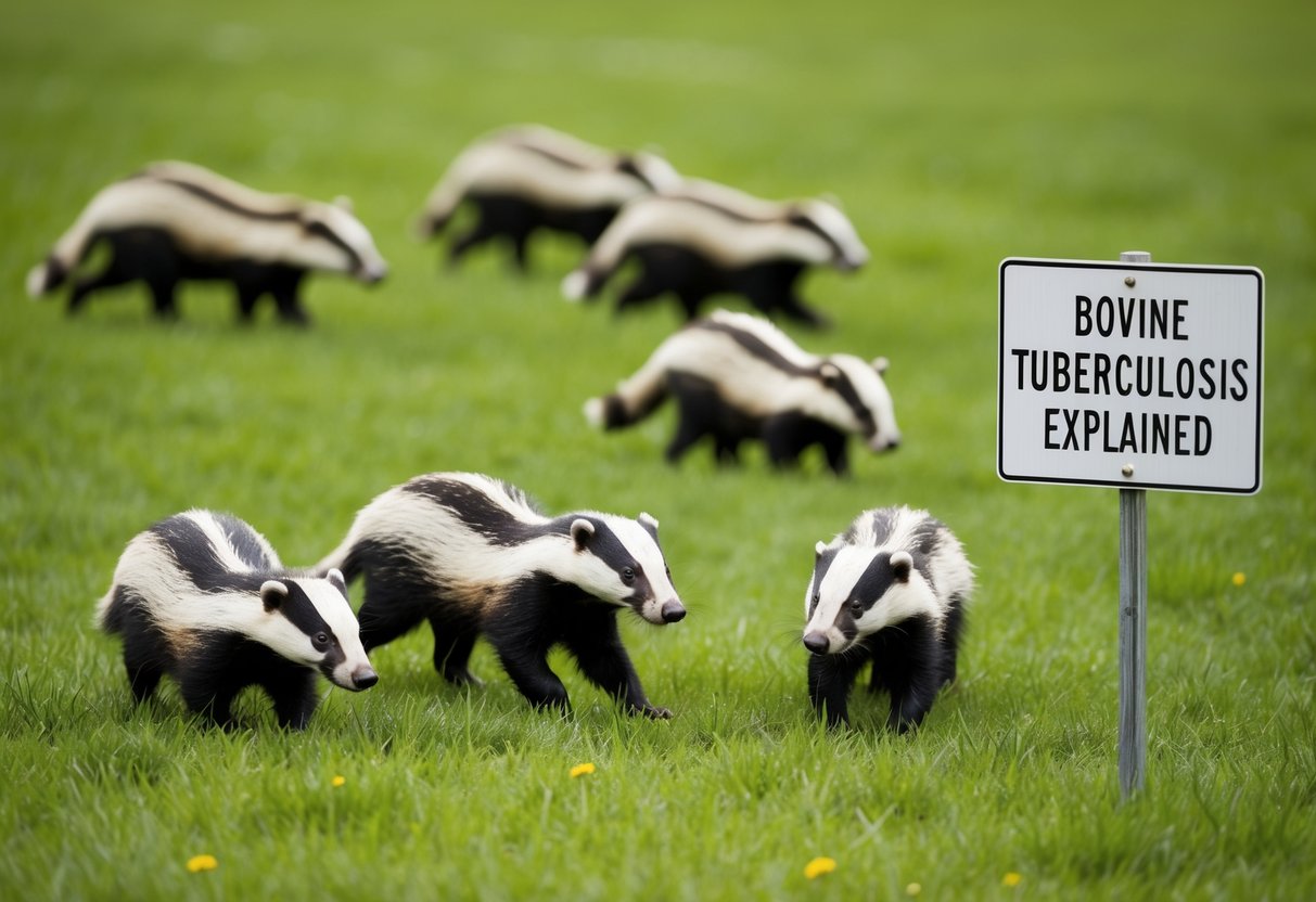 A group of badgers roam freely in a lush green field, while a sign nearby reads "Bovine Tuberculosis Explained."